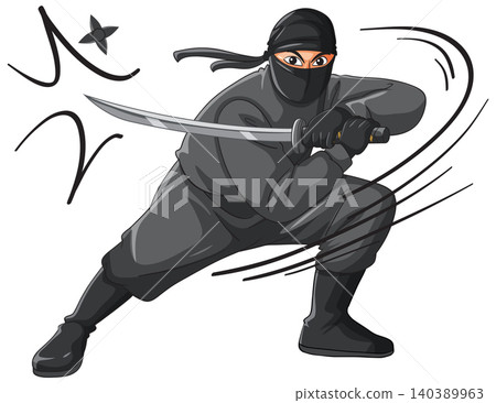 Action Ninja Warrior Holding Katana Sword in Dynamic Combat Pose Action Ninja Warrior Holding Katana Sword in Dynamic Combat Pose 140389963
