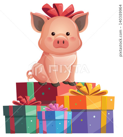 Cute Cartoon Pink Piglet Sitting on Colorful Wrapped Gift Boxes Cute Cartoon Pink Piglet Sitting on Colorful Wrapped Gift Boxes 140389964