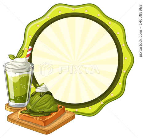 Matcha Green Tea Dessert Set with Waffle and Blank Circular Frame Matcha Green Tea Dessert Set with Waffle and Blank Circular Frame 140389968