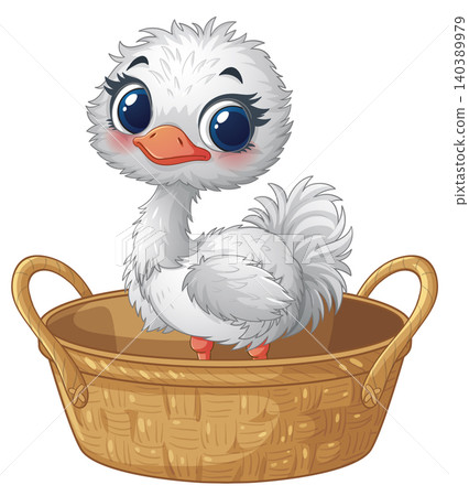 Cute Cartoon Baby Ostrich Sitting Inside a Woven Wicker Basket Cute Cartoon Baby Ostrich Sitting Inside a Woven Wicker Basket 140389979