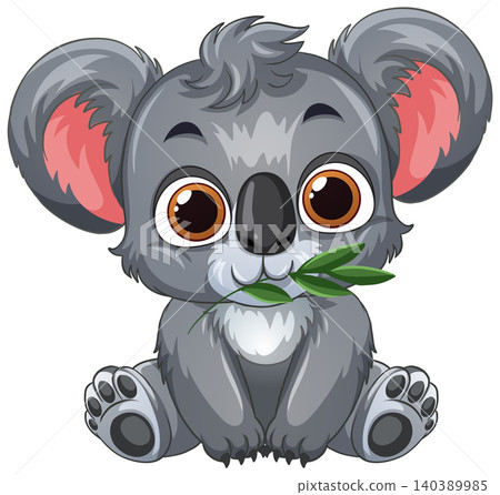 Cute Cartoon Baby Koala Sitting and Eating Green Eucalyptus Leaves Cute Cartoon Baby Koala Sitting and Eating Green Eucalyptus Leaves 140389985