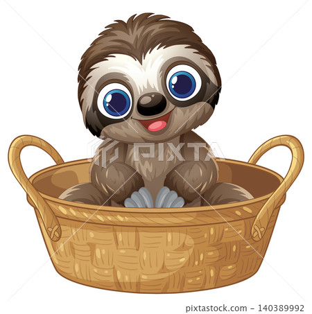 Cute Baby Sloth Sitting Inside a Woven Wicker Basket Illustration Cute Baby Sloth Sitting Inside a Woven Wicker Basket Illustration 140389992