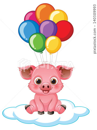 Cute Cartoon Pig Floating on Cloud with Colorful Balloons Illustration Cute Cartoon Pig Floating on Cloud with Colorful Balloons Illustration 140389993
