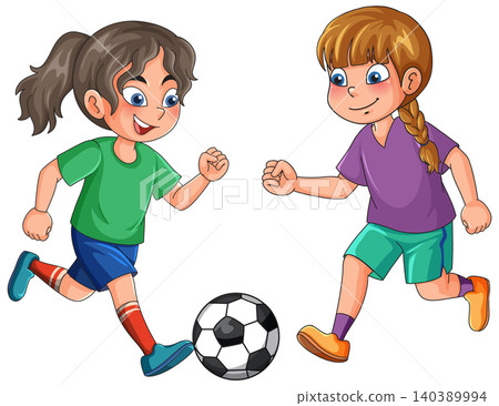 Two young girls playing soccer together in a cartoon vector illustration Two young girls playing soccer together in a cartoon vector illustration 140389994