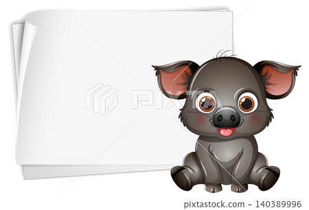 Cute Cartoon Baby Wild Boar Sitting Next to Blank White Paper 140389996