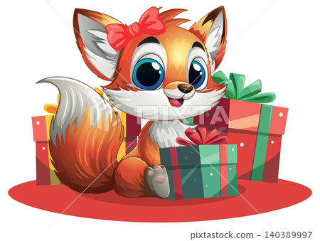 Cute Cartoon Fox Sitting with Colorful Christmas Gift Boxes 140389997