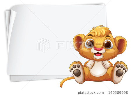 Cute Cartoon Lion Cub Sitting Next to Blank White Paper 140389998