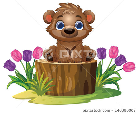 Cute Cartoon Baby Bear Sitting on a Tree Stump with Tulips Cute Cartoon Baby Bear Sitting on a Tree Stump with Tulips 140390002