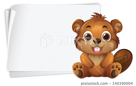 Cartoon Beaver Character Sitting Beside Blank White Paper Banner Cartoon Beaver Character Sitting Beside Blank White Paper Banner 140390004