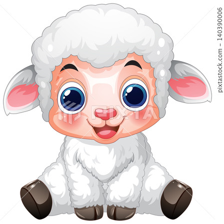 Cute Cartoon Baby Lamb Character Sitting on White Background 140390006