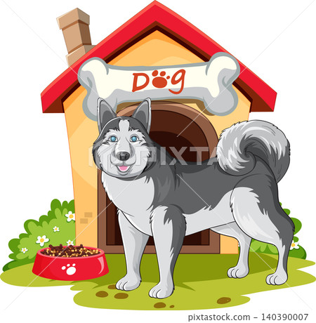 Siberian Husky Standing Outside a Wooden Dog House with Food Bowl Siberian Husky Standing Outside a Wooden Dog House with Food Bowl 140390007