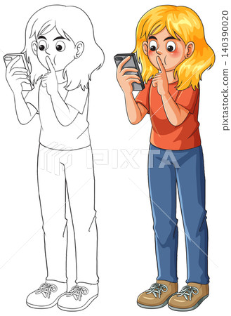 Surprised Girl Looking at Smartphone with Line Art Version Surprised Girl Looking at Smartphone with Line Art Version 140390020