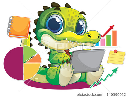 Friendly Alligator Businessman Using Laptop with Financial Graphs and Charts Friendly Alligator Businessman Using Laptop with Financial Graphs and Charts 140390032
