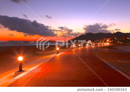 Suma Seaside Park as twilight bathes the "Wishing Palm Tree" and the Akashi Kaikyo Bridge 140390163