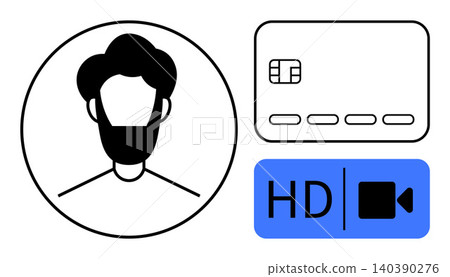 Online security, identity verification, digital transactions, virtual communication, secure payment systems, media. Minimalist headshot icon with payment card and HD video symbol. Identity Online security, identity verification, digital transactions, virtual communication, secure payment systems, media. Minimalist headshot icon with payment card and HD video symbol. Identity 140390276