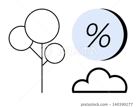 Finance, nature, weather, economy, minimalism, symbolism. Abstract tree, percentage symbol inside a blue circle and a cloud. s finance and nature concepts Finance, nature, weather, economy, minimalism, symbolism. Abstract tree, percentage symbol inside a blue circle and a cloud. s finance and nature concepts 140390277
