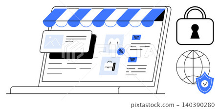 E-commerce, online shopping, cybersecurity, digital transactions, data protection, secure payments. A laptop displaying an online store interface with security elements. Online shopping E-commerce, online shopping, cybersecurity, digital transactions, data protection, secure payments. A laptop displaying an online store interface with security elements. Online shopping 140390280