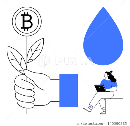 Cryptocurrency, blockchain finance, digital innovation, technology growth, environmental impact, remote work. Hand holding a plant with a Bitcoin symbol, woman sitting with a laptop. Cryptocurrency Cryptocurrency, blockchain finance, digital innovation, technology growth, environmental impact, remote work. Hand holding a plant with a Bitcoin symbol, woman sitting with a laptop. Cryptocurrency 140390285
