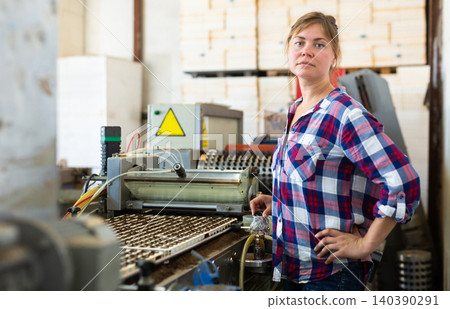 Female worker monitors work of a conveyor for planting seeds of seedlings Female worker monitors work of a conveyor for planting seeds of seedlings 140390291