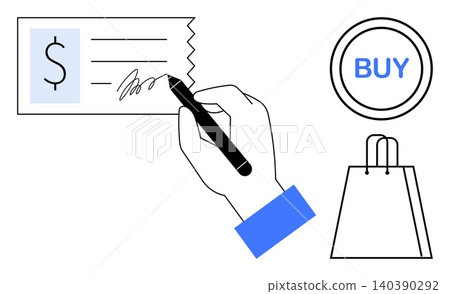 E-commerce, financial transactions, shopping, online payment, retail experience, budget management. Hand signs receipt next to a buy button and shopping bag. E-commerce and financial transactions E-commerce, financial transactions, shopping, online payment, retail experience, budget management. Hand signs receipt next to a buy button and shopping bag. E-commerce and financial transactions 140390292