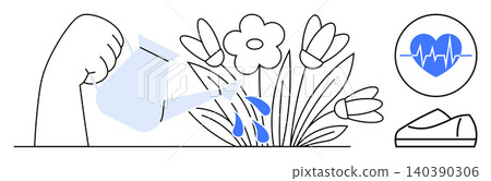 Health, self-care, sustainability, environment, growth, lifestyle. Hand pouring water on flowers, heart rate icon shoe icon. Sustainability and health concepts promoting holistic wellness 140390306