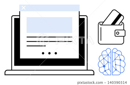 Online payments, cybersecurity, AI innovation, digital transactions, financial management, neural networks. Laptop with webpage, card wallet icon connected brain. Online payments and cybersecurity Online payments, cybersecurity, AI innovation, digital transactions, financial management, neural networks. Laptop with webpage, card wallet icon connected brain. Online payments and cybersecurity 140390314