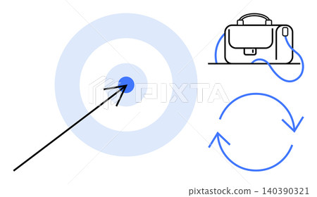 Business goals, professional strategy, workflow, productivity, achievement, focus. Arrow hitting target, briefcase circular arrows. Business goals and professional strategy concept Business goals, professional strategy, workflow, productivity, achievement, focus. Arrow hitting target, briefcase circular arrows. Business goals and professional strategy concept 140390321