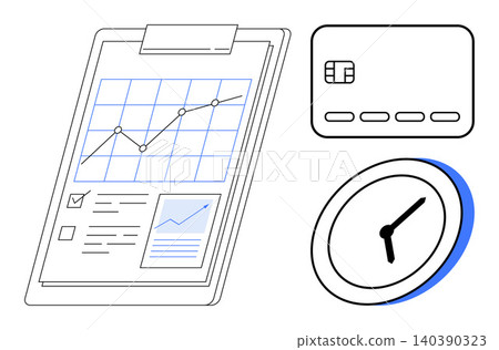 Financial planning, time management, data analysis, credit management, business strategy, performance tracking. Graph with rising trend, credit card and clock. Financial planning and time management Financial planning, time management, data analysis, credit management, business strategy, performance tracking. Graph with rising trend, credit card and clock. Financial planning and time management 140390323