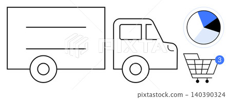 Online shopping, logistics, delivery, data analytics, shipment tracking, business operations. Truck and shopping cart symbols with analytics chart. E-commerce and logistics concept Online shopping, logistics, delivery, data analytics, shipment tracking, business operations. Truck and shopping cart symbols with analytics chart. E-commerce and logistics concept 140390324