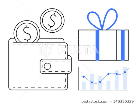 Financial growth, investment, savings, e-commerce incentives, gifting, business success. Wallet with coins, gift box bar and line graph. Financial growth and investment concepts Financial growth, investment, savings, e-commerce incentives, gifting, business success. Wallet with coins, gift box bar and line graph. Financial growth and investment concepts 140390329