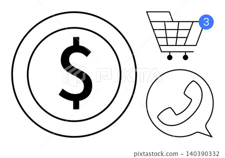 E-commerce, online shopping, customer service, digital transactions, mobile communication, retail technology. Circular dollar sign, shopping cart with notification phone chat bubble. E-commerce E-commerce, online shopping, customer service, digital transactions, mobile communication, retail technology. Circular dollar sign, shopping cart with notification phone chat bubble. E-commerce 140390332