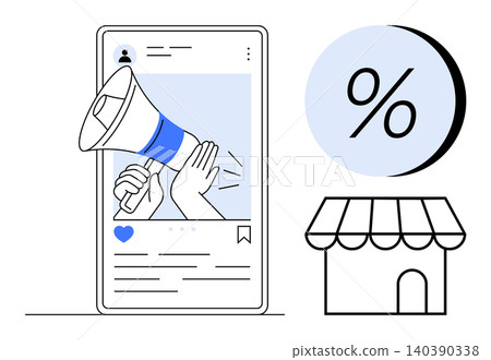 Marketing strategy, online shopping, e-commerce, advertising, brand promotion, sales growth. A smartphone screen with a megaphone and a shop icon with a discount symbol. Marketing strategy and online Marketing strategy, online shopping, e-commerce, advertising, brand promotion, sales growth. A smartphone screen with a megaphone and a shop icon with a discount symbol. Marketing strategy and online 140390338