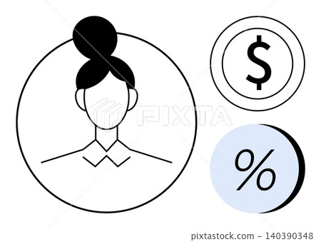 Business, finance, investing, analytics, leadership, and growth. Black and white portrait of a businesswoman, dollar symbol and percentage icon. Finance and investing concept Business, finance, investing, analytics, leadership, and growth. Black and white portrait of a businesswoman, dollar symbol and percentage icon. Finance and investing concept 140390348