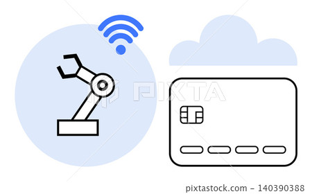 Digital transformation, automation, financial technology, wireless connection, IoT integration, data storage. Robotic arm, credit card cloud and wireless icon. Automation and financial technology Digital transformation, automation, financial technology, wireless connection, IoT integration, data storage. Robotic arm, credit card cloud and wireless icon. Automation and financial technology 140390388