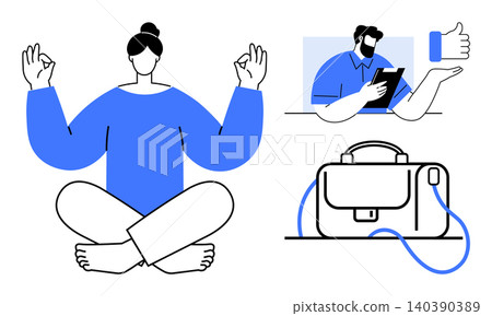 Work-life balance, wellness, meditation, remote work, productivity, digital tools. A meditating woman, a remote working professional and a laptop bag. Wellness and remote work in modern lifestyles Work-life balance, wellness, meditation, remote work, productivity, digital tools. A meditating woman, a remote working professional and a laptop bag. Wellness and remote work in modern lifestyles 140390389