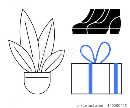 Sustainability, modern design, shopping, gifting, minimalism, lifestyle. Line art of a potted plant, shoes and a gift box with a blue ribbon accent. Sustainability and gifting concepts 140390425