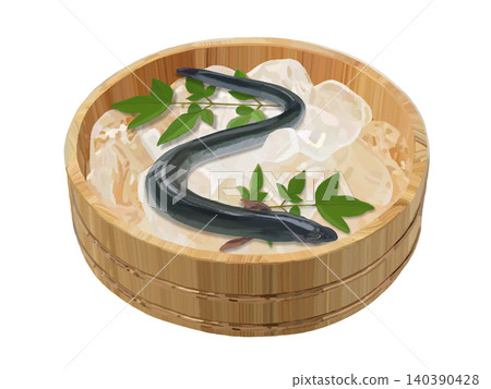 Eel (served in a wooden bucket with ice and nandina leaves) Eel (served in a wooden bucket with ice and nandina leaves) 140390428
