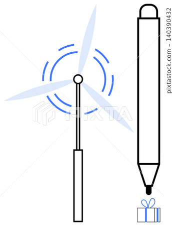 Renewable energy, gift ideas, creativity tools, eco-innovation, writing instruments, environmental awareness. Wind turbine and pen with a small gift illustration. Renewable energy and creativity Renewable energy, gift ideas, creativity tools, eco-innovation, writing instruments, environmental awareness. Wind turbine and pen with a small gift illustration. Renewable energy and creativity 140390432