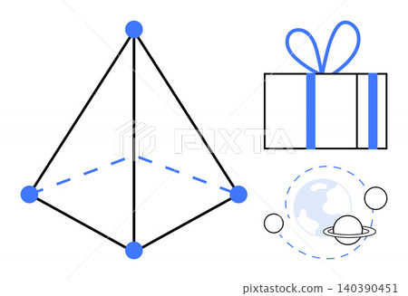Education, science, technology, space exploration, geometry, and celebrations. A geometric pyramid, gift box and planetary system icon. Education and space exploration concept Education, science, technology, space exploration, geometry, and celebrations. A geometric pyramid, gift box and planetary system icon. Education and space exploration concept 140390451