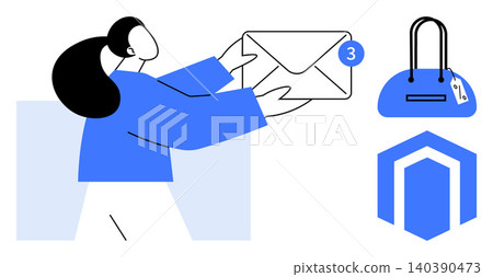 Digital communication, e-commerce, online notifications, marketing, shopping, branding. Woman holding envelope with notification, bag and store icon. Digital communication and e-commerce concept Digital communication, e-commerce, online notifications, marketing, shopping, branding. Woman holding envelope with notification, bag and store icon. Digital communication and e-commerce concept 140390473