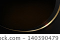Luxury abstract background with elegant black and dark bronze overlapping curved shapes featuring a glowing metallic gold ribbon flare, corporate design 140390479