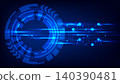Futuristic technology background with glowing blue digital hud circle interface and horizontal circuit board lines, high speed data flow network connection and cyber security 140390481