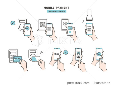 Illustration set for mobile payments and cashless payments (QR code, contactless payment, credit card) Illustration set for mobile payments and cashless payments (QR code, contactless payment, credit card) 140390486