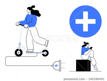 Sustainable transport, urban mobility, technology, connectivity, modern lifestyle, renewable energy. Woman riding an electric scooter and using a tablet. Sustainable transport and urban mobility 140390491