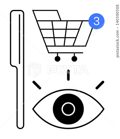 E-commerce, online search, shopping notifications, user experience, product discovery, digital marketing. Shopping cart with notification, eye and search symbol. E-commerce online search concepts E-commerce, online search, shopping notifications, user experience, product discovery, digital marketing. Shopping cart with notification, eye and search symbol. E-commerce online search concepts 140390508