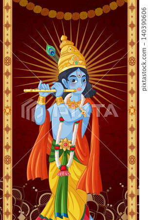 Vector Illustration of Blue Deity Playing Flute with Golden Crown 140390606