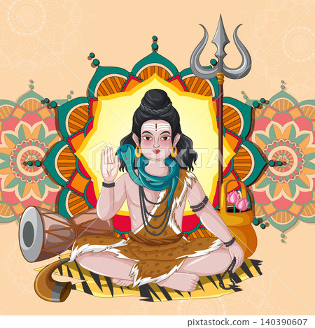 Hindu Deity Shiva Vector Illustration with Trident and Sacred Symbols Hindu Deity Shiva Vector Illustration with Trident and Sacred Symbols 140390607