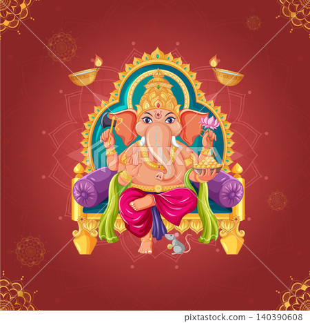 Lord Ganesha Sitting on Golden Throne with Mouse and Lotus Lord Ganesha Sitting on Golden Throne with Mouse and Lotus 140390608