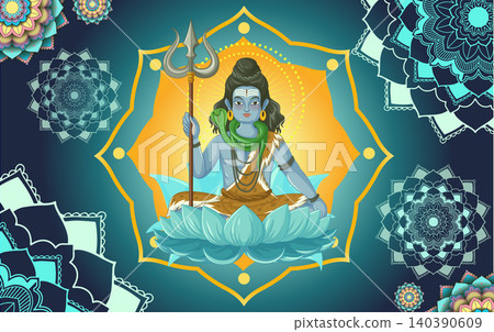 Hindu Deity Shiva Sitting on Lotus with Trident and Mandala Background Hindu Deity Shiva Sitting on Lotus with Trident and Mandala Background 140390609