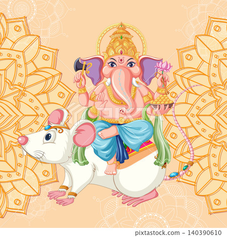 Lord Ganesha Sitting on a White Mouse with Mandala Background Lord Ganesha Sitting on a White Mouse with Mandala Background 140390610